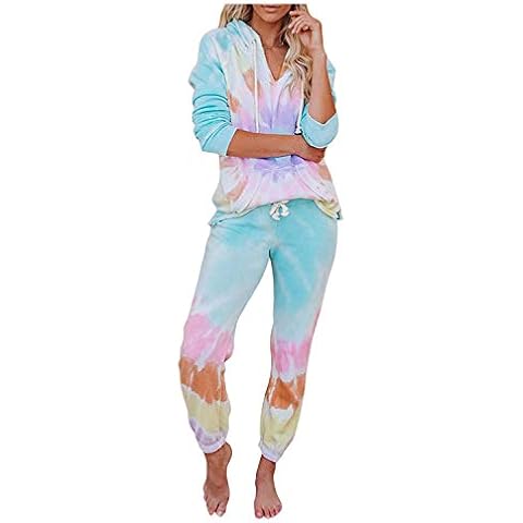 Women Long Sleeve Pajamas 2 Piece Pjs Lounge Set Hoodie and Joggers Trousers Casual Tie Dye Sweatsuit Tracksuit Sportwear Rainbow Pyjamas Ladies Nightwear Sleepsuit Homewear Negligee Sleepwear Nightie Cover