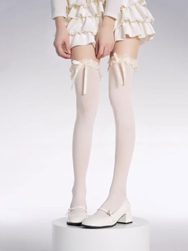 Lolita Fashion Thigh High Socks with Bow Women Girls Cosplay Over Knee High Stocking Cutecore Lace Up Frilly Socks3