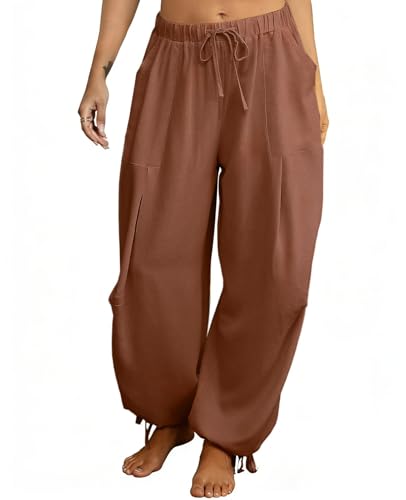 Image of Women's Linen Balloon Barrel Beach Pants Boho Harem Flowy Drawstring Casual Loose Pants with Pockets