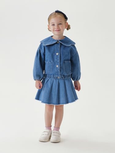 marc & janie Girls Lace Large Lapel Denim Jacket Bubble Sleeve Cotton Outerwear Kids Button Down Tops 2501974