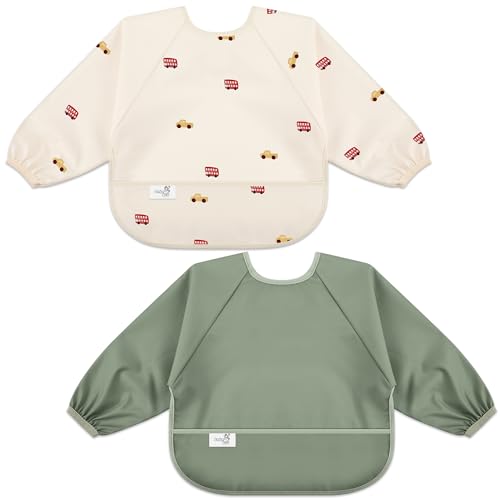 Image of BebeBiu Long Sleeve Baby Bib, Waterproof Fabric, Catch-All Pocket, Baby Smock Bib, Adjustable Sleeves