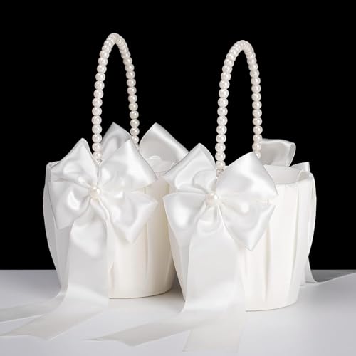 Flower Girl Baskets for Wedding Ivory Flower Girl Basket With Pearl Handle set of 2 Wedding Baskets for Flower Girls
