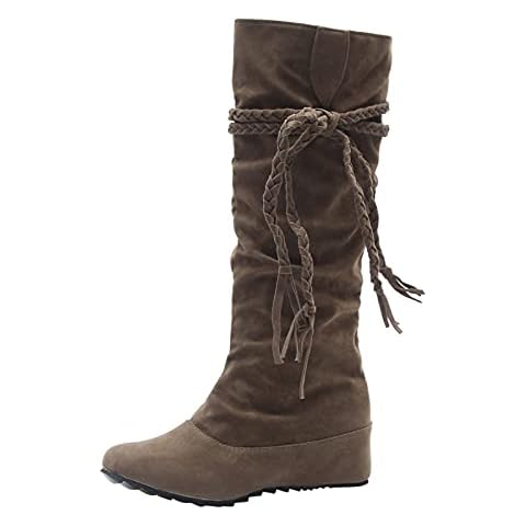 DFEK Women High Stretchy Boots Retro Fringe Low Block Heel Booties Lace Over The Knee Tassel Casual Long Boots Footwear chinese new year gift Cover