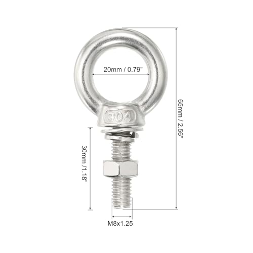 Image of uxcell M8*30 5 /16 inchx1.18 inch Stainless Steel Eye Bolts Threaded Screw Eyebolt Shoulder Ring with Nuts Washers for Lifting Hanging, 2 Set