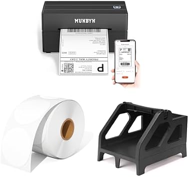 MUNBYN 130B Bluetooth Thermal Label Printer+2 Inch Circle Thermal Sticker Labels+Shipping Label Holder