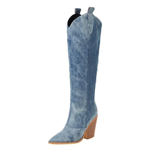 Women Western Boots Denim Knee High Chunky Heels Pointed Toe Cowgirl Boots Anti-Slip Combat Knee High Boots
