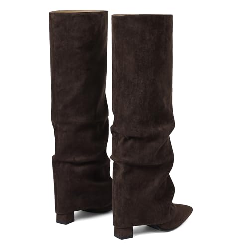 Image of SaraIris Women's Slouchy Knee High Boots - Black, Pointed Toe, Fold Over, Chunky, Shark Boots