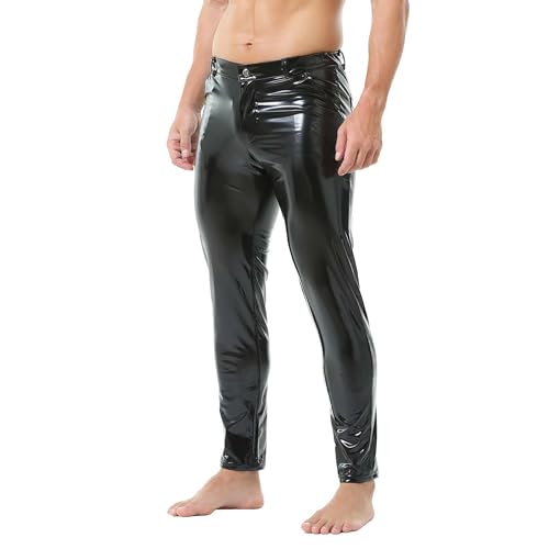 QiaTi Herren Kunstlederhosen Casual Stretch PU Leder Schwarz Straight Leg Slim Fit Hose Motorrad Nacht Club Lange Hose