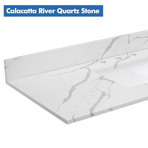 Eqloo 60 Inchw X 22 Inchd Quartz Calacatta River Vanity Top,With Undermount Middle Sink Vanity Top,With Two Sidesplash & One Backsplash,8 Inch Faucet Hole Spread Bathroom Vanity Sink Countertop thumb #4