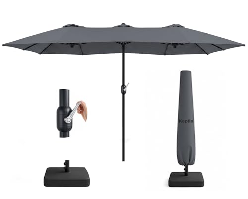 KEPLIN Double Garden Parasol with Base and Cover 4.5x2.7m Extra Large Outdoor Patio Umbrella 12 Steel Ribs 180gsm Polyester Canopy Crank Handle Weather Resistant Shade UV Protective Grey