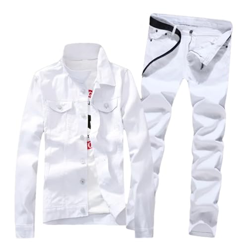 Men's Denim Jacket Pants 2Pcs Set Single Breasted Holes Casual Coat Trousers Fashion Suit