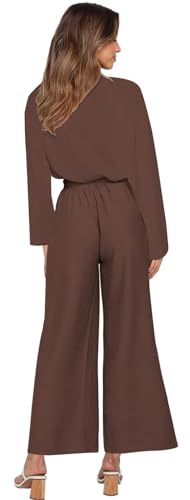 FANCYINN Womens 2 Piece Outfit Set V Neck Long Sleeves Tops High Waisted Paper Bag Pants with Belt4