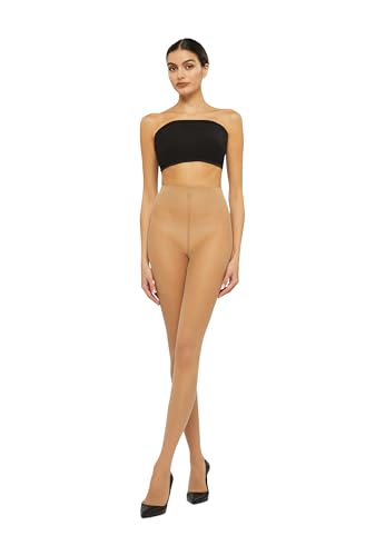 Image of Wolford Individual 10 Control Top Tights For Women Sheer Support Pantyhose Waist Sculpting Cotton Gusset Soft Waistband