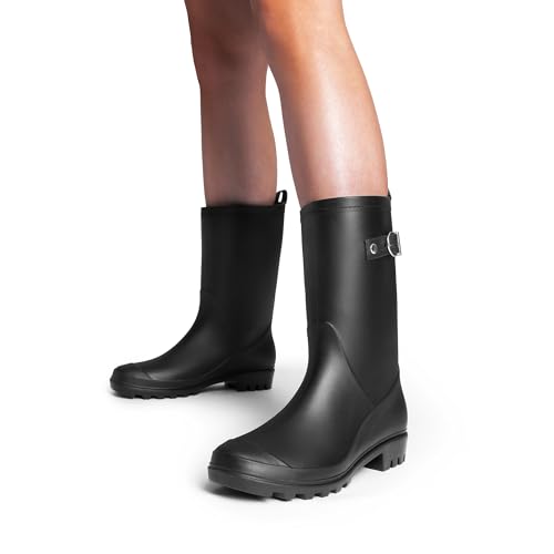 DREAM PAIRS Damen Gummistiefel Hohe Regenstiefel mit verstellbarer Schnalle und niedrigem Absatz,Size 39,Schwarz,SDRB2408W-E