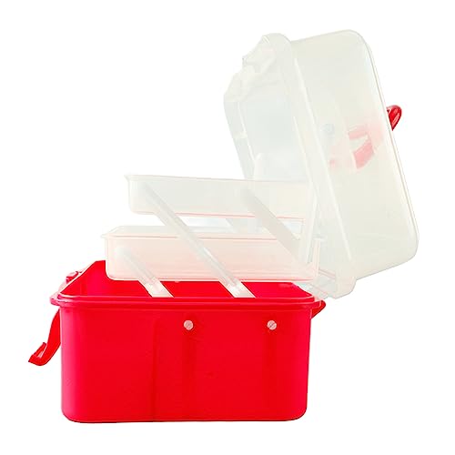 Image of 3 Layer Folding Storage Box, Plastic Dividing Storage Box Handled Art Supply Organizer Portable Folding Tackle Box with Handle Red for Sewing, Art Supplies, Medicine, Tools(27.5x16x13cm)