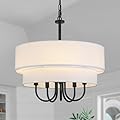 Drum Chandelier with Shades 5 Light 2-Layer Fabric 18” Large Black Chandelier Modern Farmhouse Chandeliers for Dining Room Round Pendant Light Fixtures for Bedroom Living Room Kitchen Island Foyer