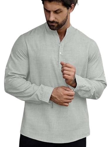 Image of GRECIILOOKS Kurta for Man | Shirt for Man Regular Fit | Mens Casual Shirts | Linen Shirt for Man's | Full Sleeve Shirts for Mens Stylish | Mandarin Collar | Kurta Placket Style