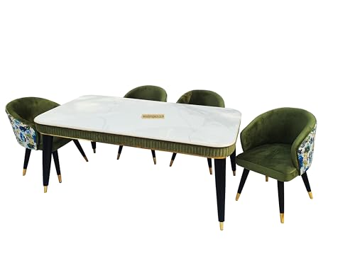 Image of WOODEN SPACE 6-Seater Wooden Dining Table Set | Nano Composite Marble Top | Solid Wood Base | Modern Dining Room Furniture with 6 Chairs (Green)