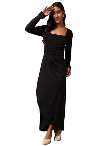 Image of Trend Arrest.ed Women's Bodycon Midi Dress | Square Neck Wrap Style | Stretchable | Full Sleeve Fitted Dress for Party, Evening, Casual Outings & Date Night