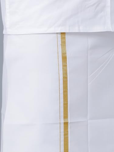 Image of RAMRAJ COTTON Men's Full Sleeve Shirt with 1 /2 Inch Gold Jari Border Dhoti