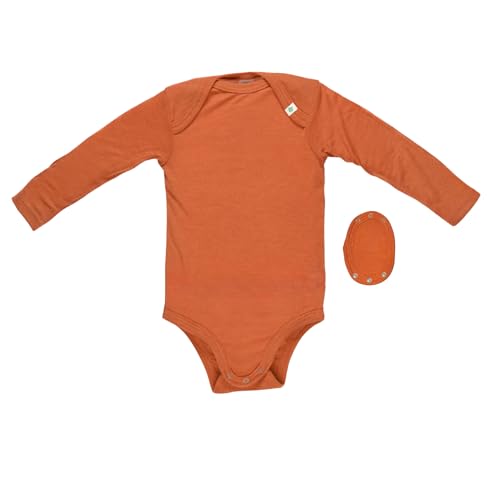 Grünes Glück Babybody aus 70% Wolle & 30% Seide (Bio) – inkl. gratis Bodyverlängerung zum Mitwachsen. Nachhaltig in Deutschland produziert – erhältlich in Kurzarm und Langarm. (Rost Langarm, 62/68)