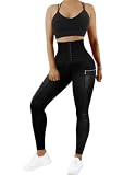 Flamingals Leggings for Women High Waisted Faux Leather Stretchy Tummy Control Pants Pure Black M