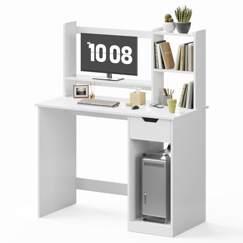 Mondeer Schreibtisch, Computertisch mit Verstellbares Monitorständer, Bürotisch mit Schublade 2 Regalen, für Arbeitszimmer Büro Schlafzimmer, 105 x 50 x 125 cm, Weiß