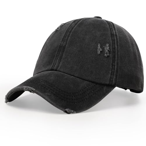 BUTITNOW Women Backless Baseball Cap High Ponytail Snapback Curl Caps Washed Distressed High Messy Bun Ponycap Denim Black