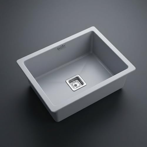 Image of Gloxy Premium Quartz Granite Single Bowl Kitchen Sink 24x18x9 Inches - Grey Matte FInish Quartz Sink For Kitchen With Coupling Hose Pipe and Drainer Basket - Undermount /Topmount - 3 Years Warranty