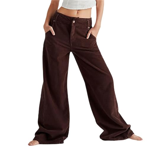 CABULE Pantalones de Pana para Mujer Vintage Otoño Invierno Color sólido Cintura Alta Pantalones Acampanados con Bolsillos Y2k Streetwear-como Muestra la Foto_b-S