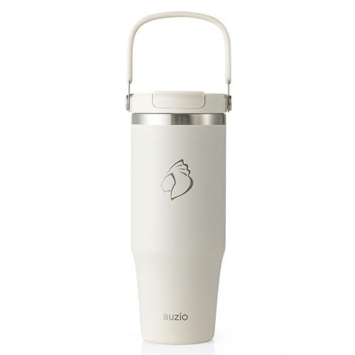 BUZIO 32 oz Tumbler with Handle, Insulated Tumbler with 2-in-1 Lid and Straw, Stainless Steel Vacuum Insulated Iced Coffee Tumbler Cup Water Bottle for Water, Iced Tea or Coffee, Smoothie