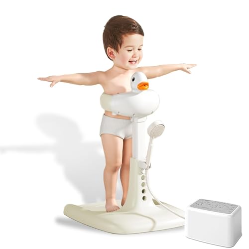 Image of ZYNTO Baby Shower Bath Stand with Adjustable Height, Non-Slip Base, Huggable Duckling, Baby Standing Bath with Cartoon Duck Safe Design Easy to Use Durable, Foldable Compact Aid for 6-36 Month Kids.