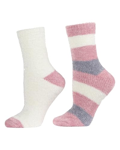 Natori Chenille Striped/Solid Cozy Crew 2 Pair Pack2