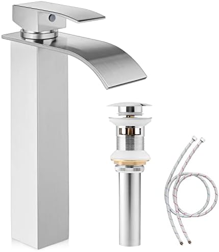 Herogo Vessel Sink Faucet Brushed Nickel, Waterfall Spout Single Handle Tall Bathroom Sink Faucet with Pop-up Drain & 2 Supply Lines, Stainless Steel 1 Hole Lavatory Sink Bowl Mixer Tap Faucet