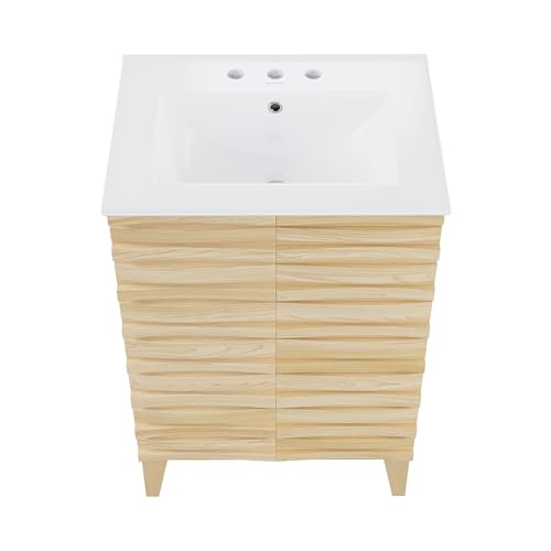 Image of Swiss Madison Cascade 24 in. Natural Oak Bathroom Vanity with White, 3-Hole Ceramic Sink Top
