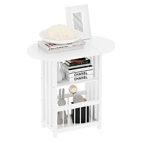 MEETWARM Folding Side End Table Multifunction Bedside Nightstand with Rotating Tabletop Sofa Bed Side Magazine Storage Accent Table for Living Room Home Office and Bedroom (White) - Thumbnail 3