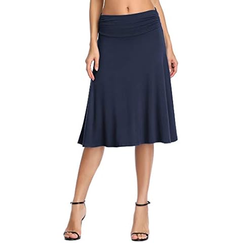 Urban CoCo Women's Ruched Waist Stretchy Flared Yoga Skirt, Navy Blue, Large Cover