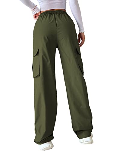 Fangetey Women's Mid Waist Cargo Pant Flap Pocket Relaxed Fit Straight Wide Leg Casual Loose Trousers Army Green Large #TOP2