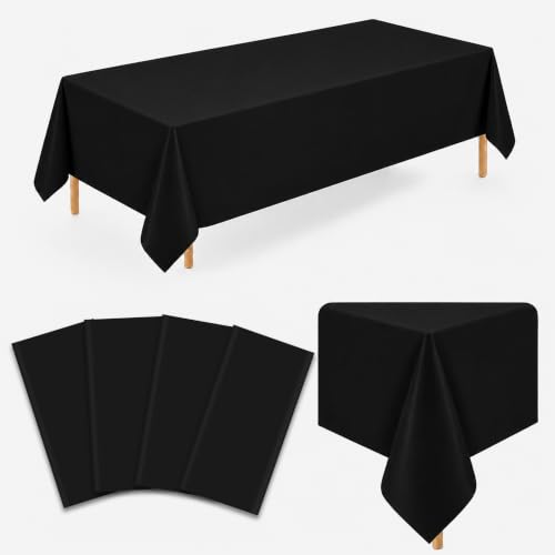Image of WNINK 4 Pack Black Plastic Tablecloths, 54 x 108 Inch Disposable Covers | Ideal for Halloween, Birthdays, Graduations and Weddings, Helping Protect Tabletops from Spills and Simplify Cleanup
