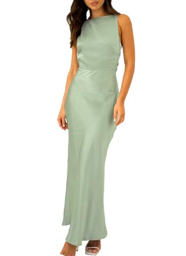 Image of Summer Satin Maxi Dresses for Women 2026 Elegant Classy Silk Formal Sleeveless Open Back Spaghetti Strap Wedding Guest Dress