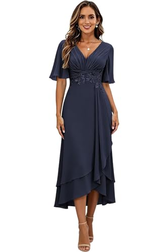 Image of Lace Applique Mother of Bride Dresses Chiffon Mother of the Groom Dresses Tea Length Formal Evening Dress with Sleeve