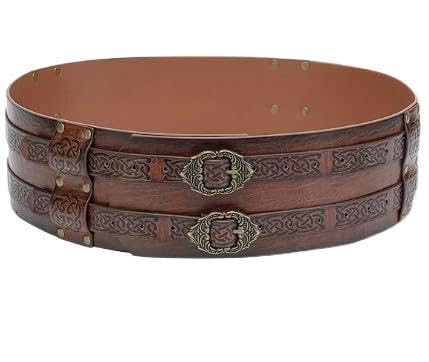 Medieval Viking Leather Belt, 47.2 inches, 3.9 inches Wide, Brown, Double Buckle Design, LARP Costume Accessory