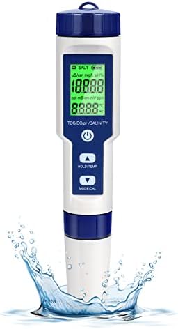 Cuteefun Digital PH Meter, 5 in 1 Water Quality Tester with Back light, PH/TDS/EC/Salinity/Temp Meter with ATC, 0.01 Resolution High Accuracy Pen Type Tester, for Drinking Water, Aquarium, Spas