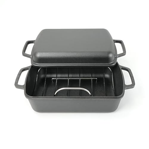 HAWOK Cast Iron Rectangular Turkey Roasting Pan 10-Piece 18x13 16.5QT with U-Rack Cutting Board Cleaning Cloths Aluminum Foil Apron and Gloves Carry Bag