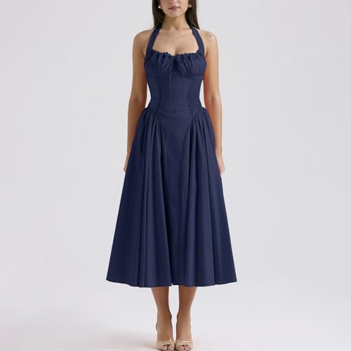 Image of Women Floral Corset Dress Halter Neck Low Cut Bustier Lace Midi Dress Flowy Pleated Hem Long Sundress with Pockets