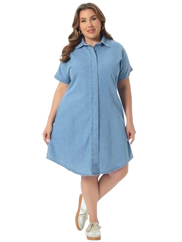 Image of Agnes Orinda Plus Size Denim Dress for Women Short Sleeve Button Down with Pockets Midi Jean Denim Shirt Dresses