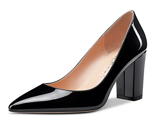 Image of Aachcol Women Pumps Pointed Toe Slip on Mid Heel Dress Office Chunky Block Heels Shoes 3 Inches