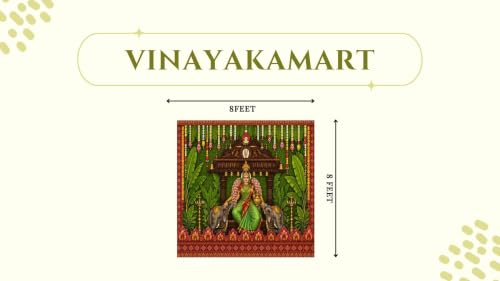 Image of Lakshmi Devi Backdrop Cloth for Decoration | Goddess Lakshmi Devi Blessing with Elephants, Bells on Coconut Leaves Background Decoration Cloth 8x8 feet | varalakshmi Pooja Backdrop