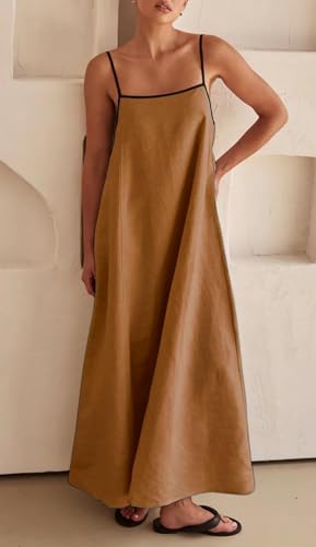 Image of Womens Summer Linen Maxi Dress Contrast Trim Spaghetti Straps Backless Sleeveless Long Flowy Dresses