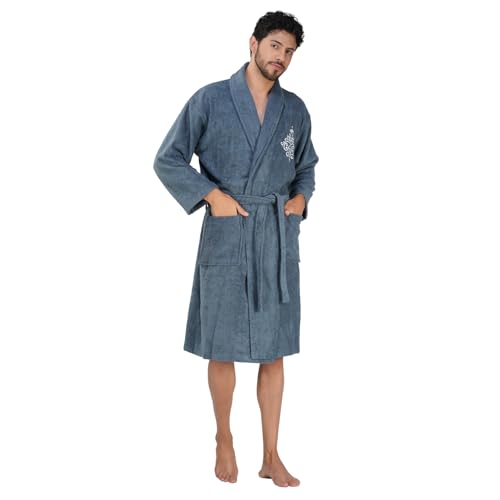 Rangoli Royal Bamboo Premium Bathrobe For Men | Ultra Soft Bamboo Yarn Lightweight Bathing Robes | 460 GSM Highly Absorbent & Quick Drying Luxurious Bath Gown | Knee Length Bath Robe- Blue.